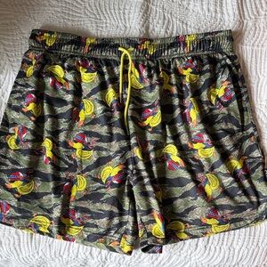 Camouflage Black Athletic Shorts with Yellow Banana Print and Yellow Drawcord